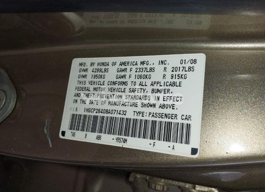 Photo 9 of 2008 Honda Accord 2.4 LX-P (VIN 1HGCP26408A071432)