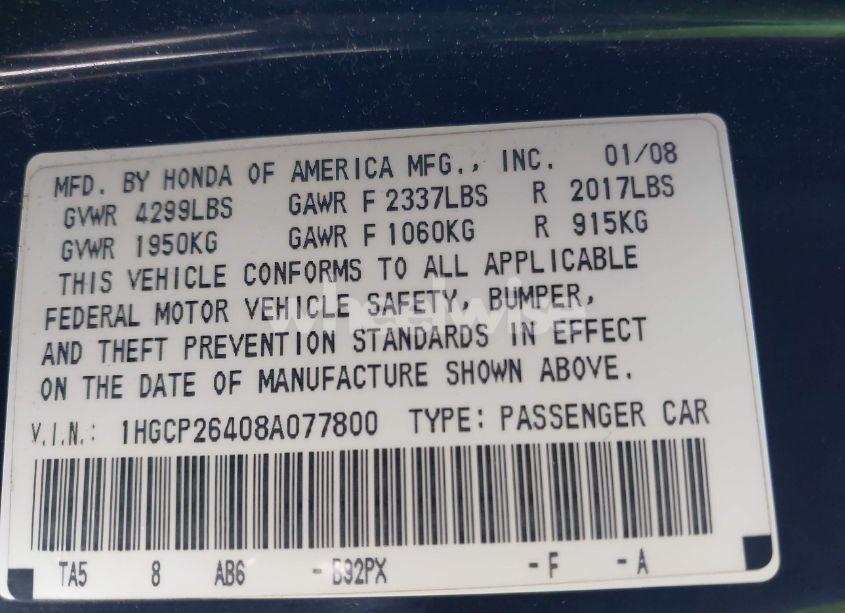 Photo 9 of 2008 Honda Accord 2.4 LX-P (VIN 1HGCP26408A077800)