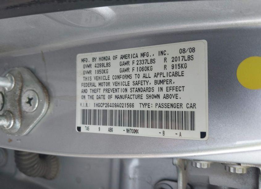 Photo 9 of 2009 Honda Accord 2.4 LX-P (VIN 1HGCP26409A021566)