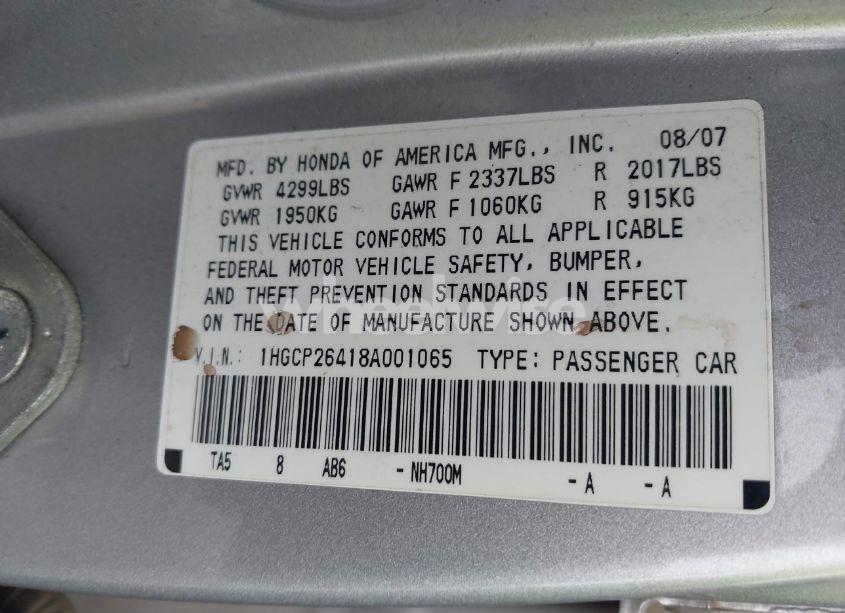 Photo 9 of 2008 Honda Accord 2.4 LX-P (VIN 1HGCP26418A001065)