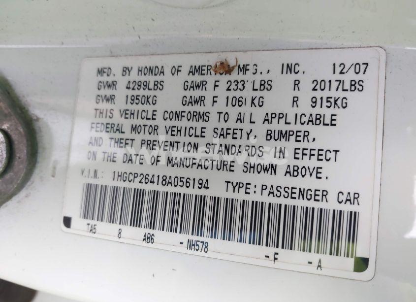 Photo 9 of 2008 Honda Accord 2.4 LX-P (VIN 1HGCP26418A056194)