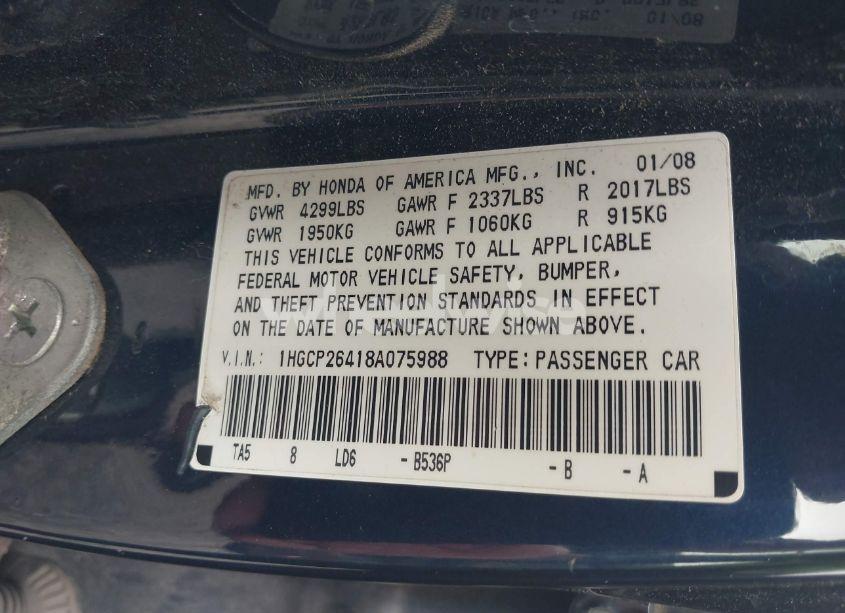 Photo 9 of 2008 Honda Accord 2.4 LX-P (VIN 1HGCP26418A075988)