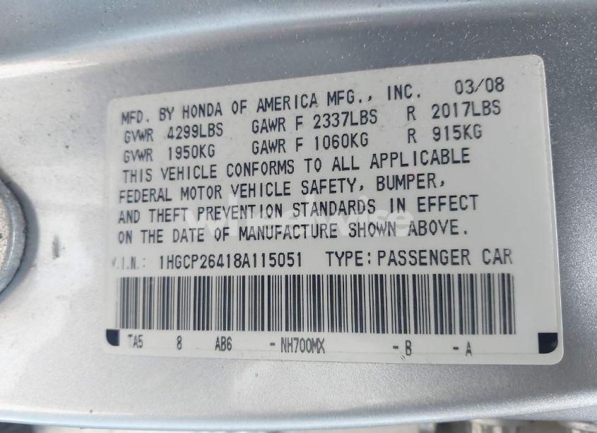 Photo 9 of 2008 Honda Accord 2.4 LX-P (VIN 1HGCP26418A115051)