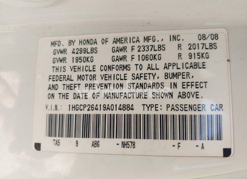 Photo 9 of 2009 Honda Accord 2.4 LX-P (VIN 1HGCP26419A014884)