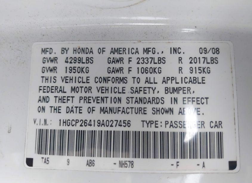 Photo 9 of 2009 Honda Accord 2.4 LX-P (VIN 1HGCP26419A027456)