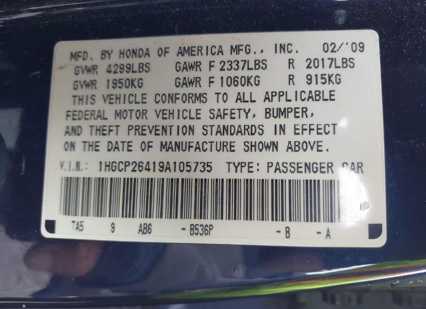 Photo 9 of 2009 Honda Accord 2.4 LX-P (VIN 1HGCP26419A105735)