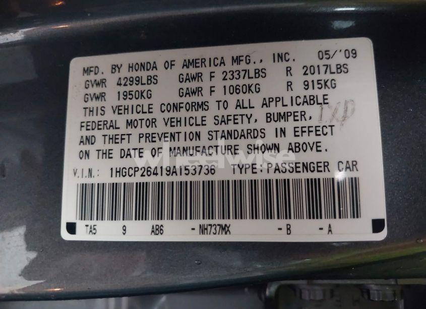 Photo 9 of 2009 Honda Accord 2.4 LX-P (VIN 1HGCP26419A153736)