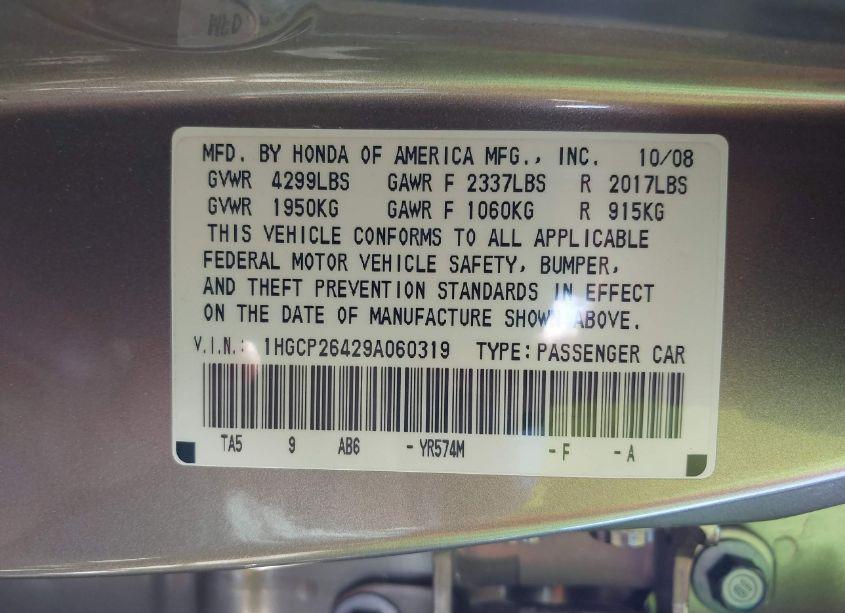 Photo 9 of 2009 Honda Accord 2.4 LX-P (VIN 1HGCP26429A060319)