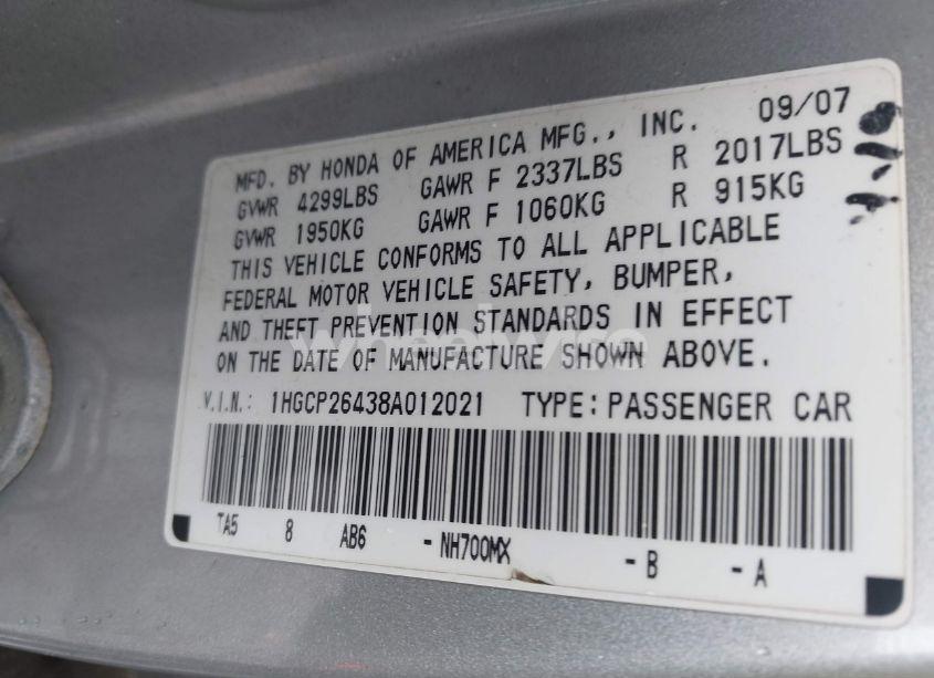 Photo 9 of 2008 Honda Accord 2.4 LX-P (VIN 1HGCP26438A012021)