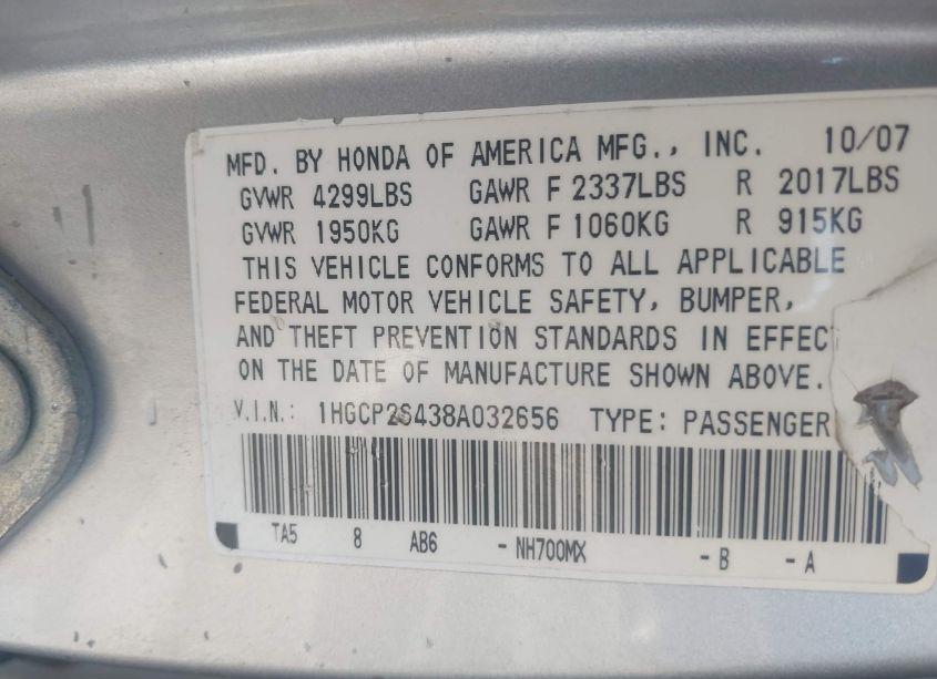 Photo 9 of 2008 Honda Accord 2.4 LX-P (VIN 1HGCP26438A032656)