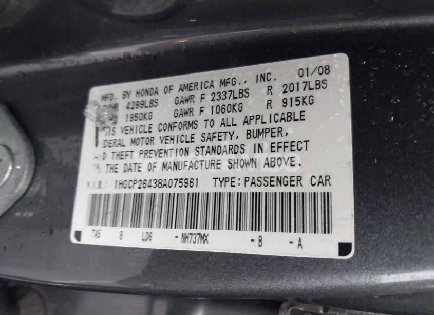 Photo 9 of 2008 Honda Accord 2.4 LX-P (VIN 1HGCP26438A075961)
