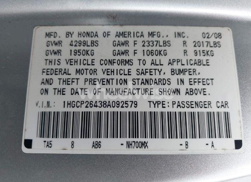 Photo 9 of 2008 Honda Accord 2.4 LX-P (VIN 1HGCP26438A092579)