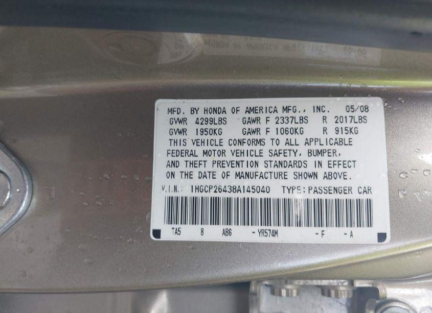Photo 9 of 2008 Honda Accord LXP (VIN 1HGCP26438A145040)