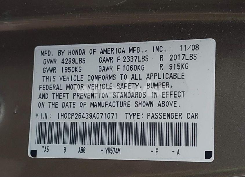 Photo 9 of 2009 Honda Accord 2.4 LX-P (VIN 1HGCP26439A071071)