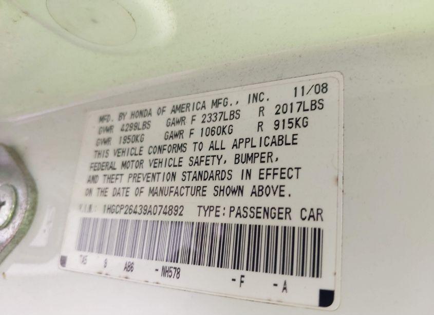 Photo 9 of 2009 Honda Accord 2.4 LX-P (VIN 1HGCP26439A074892)