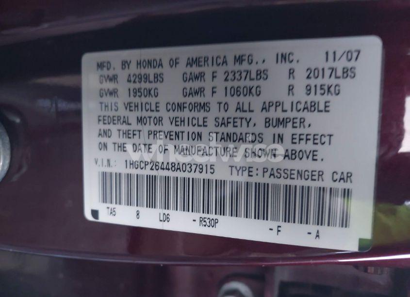 Photo 9 of 2008 Honda Accord 2.4 LX-P (VIN 1HGCP26448A037915)