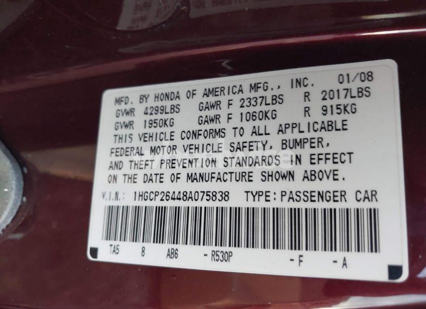 Photo 9 of 2008 Honda Accord 2.4 LX-P (VIN 1HGCP26448A075838)