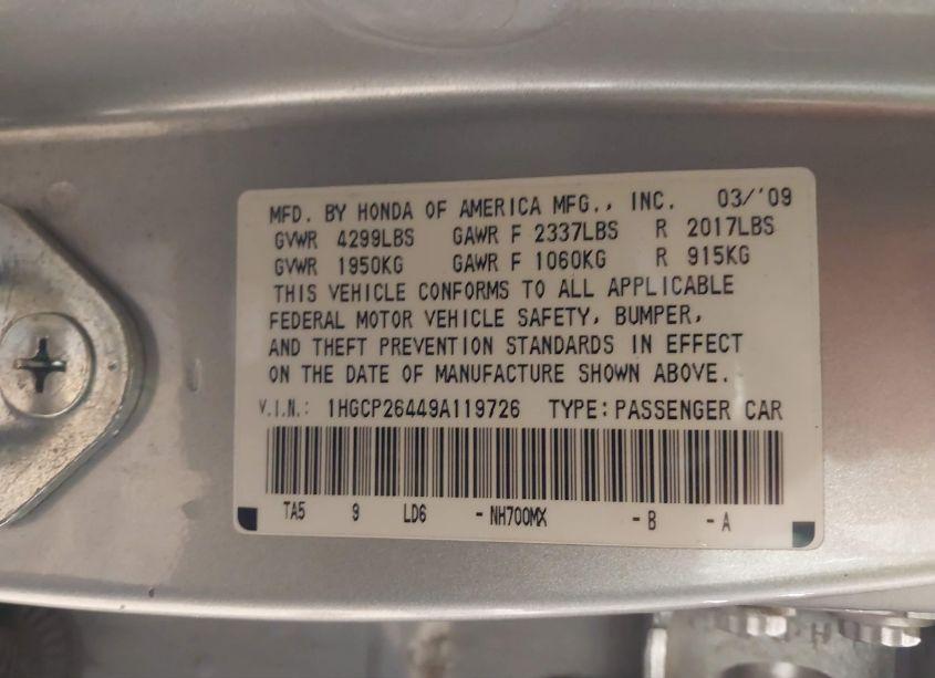 Photo 9 of 2009 Honda Accord 2.4 LX-P (VIN 1HGCP26449A119726)