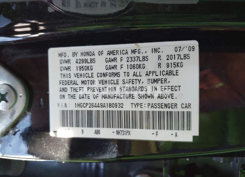 Photo 9 of 2009 Honda Accord 2.4 LX-P (VIN 1HGCP26449A180932)