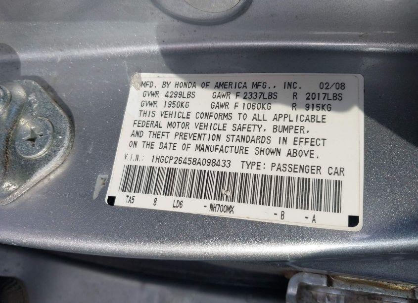 Photo 9 of 2008 Honda Accord 2.4 LX-P (VIN 1HGCP26458A098433)