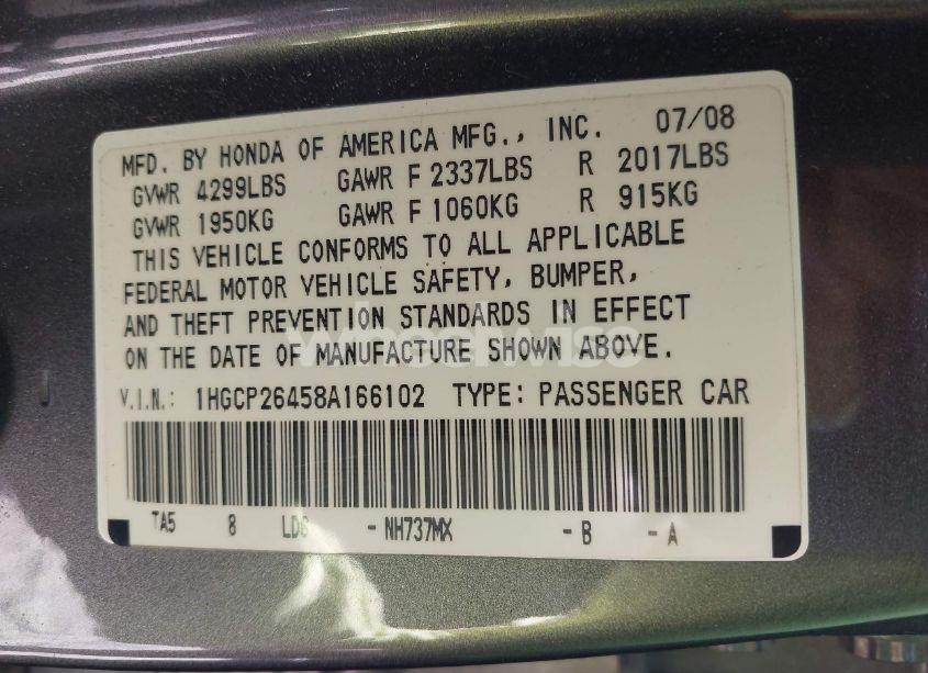 Photo 9 of 2008 Honda Accord 2.4 LX-P (VIN 1HGCP26458A166102)