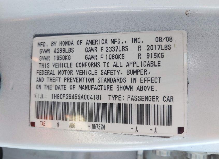 Photo 9 of 2009 Honda Accord 2.4 LX-P (VIN 1HGCP26459A004181)