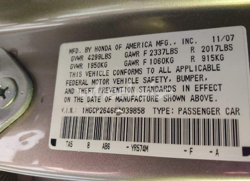 Photo 9 of 2008 Honda Accord 2.4 LX-P (VIN 1HGCP26468A039858)