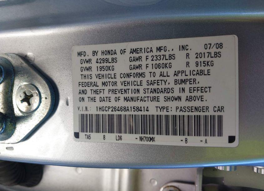 Photo 9 of 2008 Honda Accord 2.4 LX-P (VIN 1HGCP26468A158414)