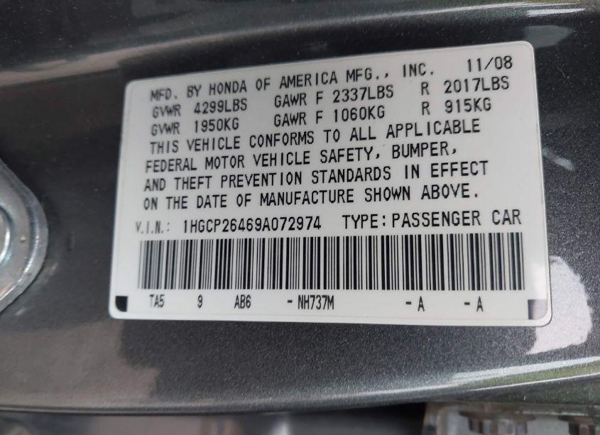 Photo 9 of 2009 Honda Accord 2.4 LX-P (VIN 1HGCP26469A072974)