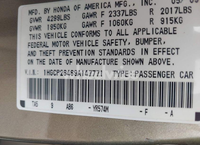 Photo 9 of 2009 Honda Accord 2.4 LX-P (VIN 1HGCP26469A147771)