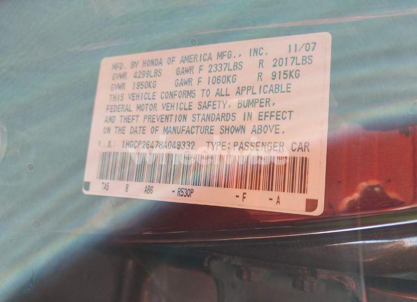 Photo 9 of 2008 Honda Accord 2.4 LX-P (VIN 1HGCP26478A049332)