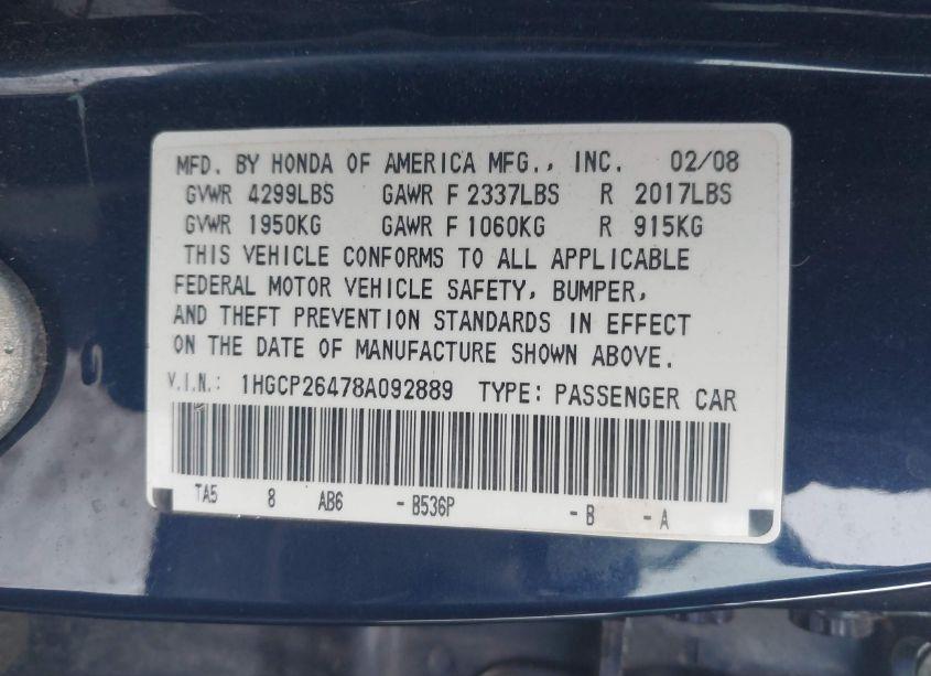 Photo 9 of 2008 Honda Accord 2.4 LX-P (VIN 1HGCP26478A092889)