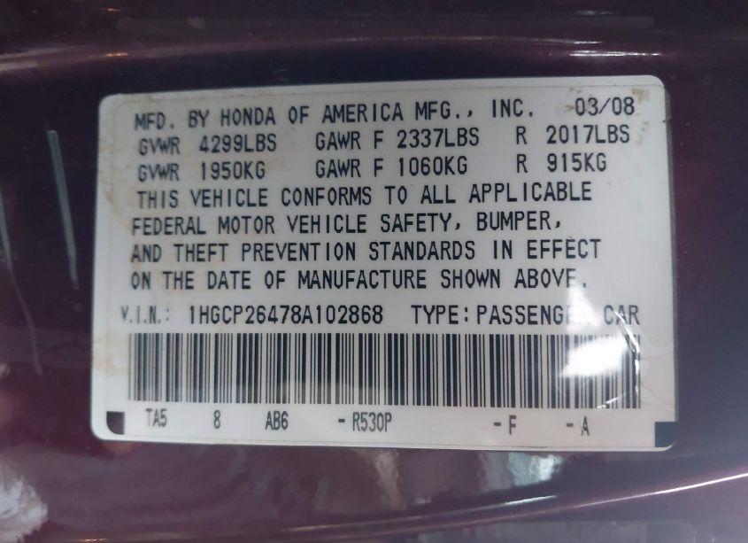 Photo 9 of 2008 Honda Accord 2.4 LX-P (VIN 1HGCP26478A102868)