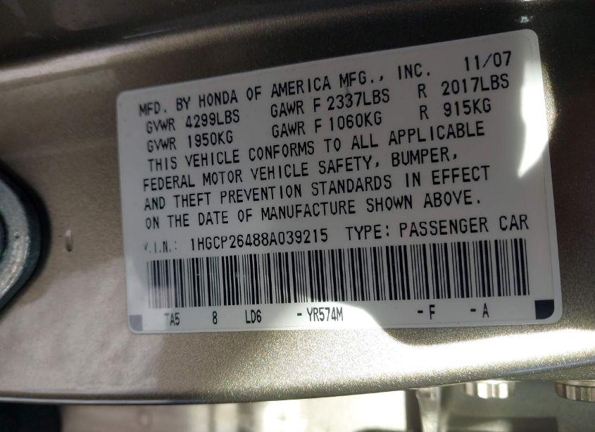 Photo 9 of 2008 Honda Accord 2.4 LX-P (VIN 1HGCP26488A039215)