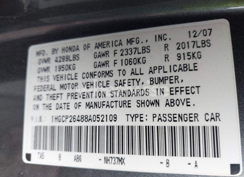 Photo 9 of 2008 Honda Accord 2.4 LX-P (VIN 1HGCP26488A052109)