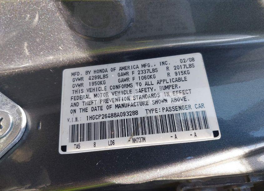 Photo 9 of 2008 Honda Accord 2.4 LX-P (VIN 1HGCP26488A093288)