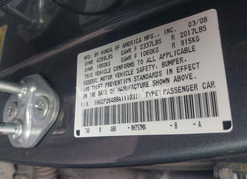 Photo 9 of 2008 Honda Accord 2.4 LX-P (VIN 1HGCP26488A111031)