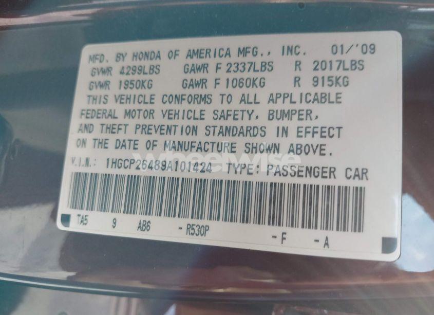 Photo 9 of 2009 Honda Accord 2.4 LX-P (VIN 1HGCP26489A101424)