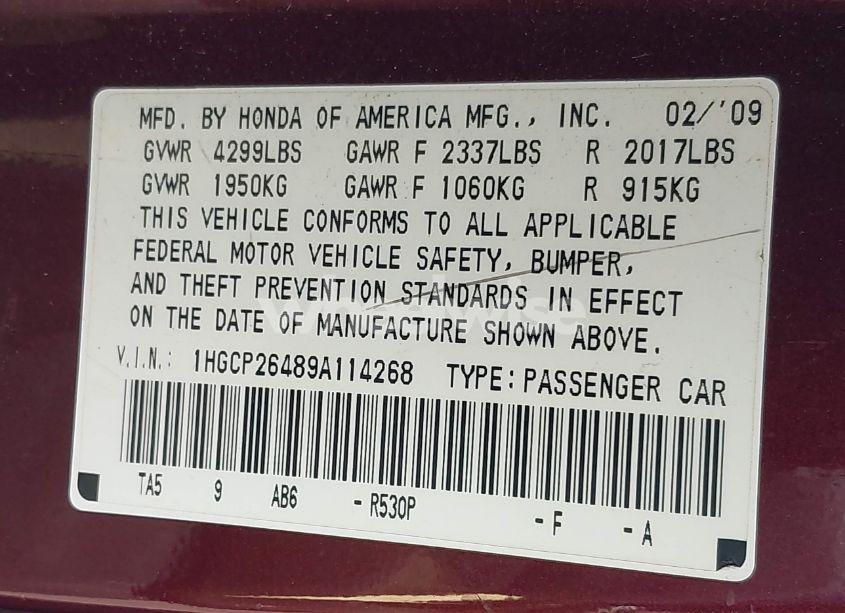 Photo 9 of 2009 Honda Accord 2.4 LX-P (VIN 1HGCP26489A114268)