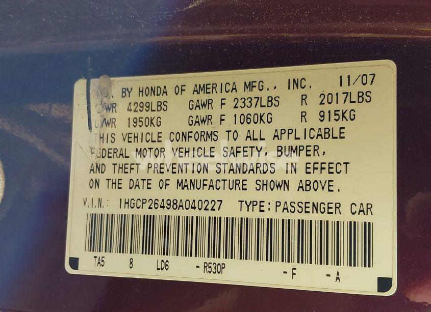 Photo 9 of 2008 Honda Accord 2.4 LX-P (VIN 1HGCP26498A040227)