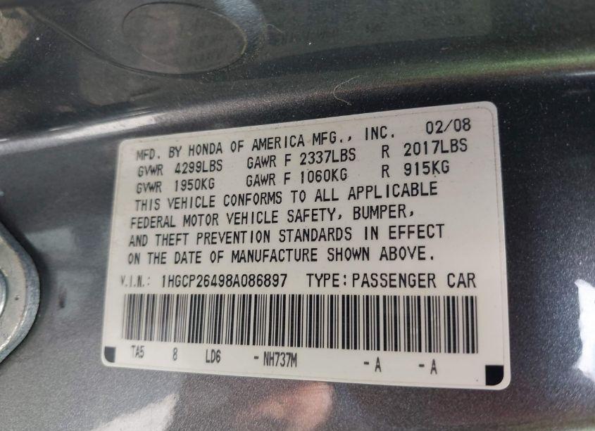 Photo 9 of 2008 Honda Accord 2.4 LX-P (VIN 1HGCP26498A086897)