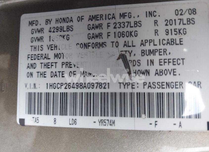 Photo 9 of 2008 Honda Accord 2.4 LX-P (VIN 1HGCP26498A097821)