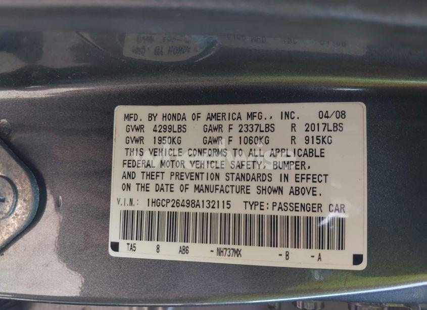 Photo 9 of 2008 Honda Accord 2.4 LX-P (VIN 1HGCP26498A132115)