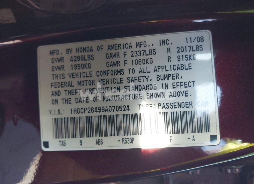 Photo 9 of 2009 Honda Accord 2.4 LX-P (VIN 1HGCP26499A070524)