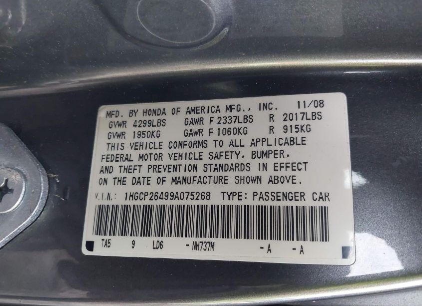 Photo 9 of 2009 Honda Accord 2.4 LX-P (VIN 1HGCP26499A075268)