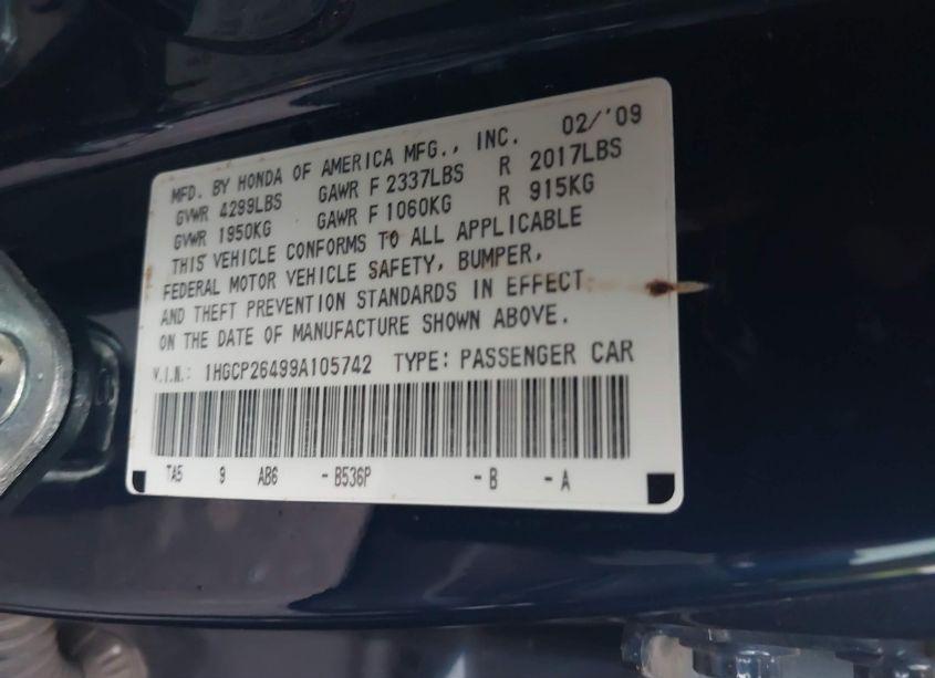 Photo 9 of 2009 Honda Accord 2.4 LX-P (VIN 1HGCP26499A105742)