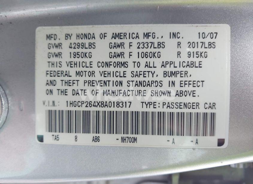 Photo 9 of 2008 Honda Accord 2.4 LX-P (VIN 1HGCP264X8A018317)