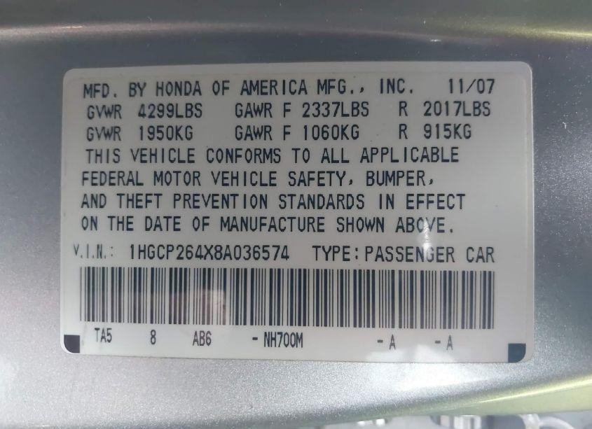 Photo 9 of 2008 Honda Accord 2.4 LX-P (VIN 1HGCP264X8A036574)