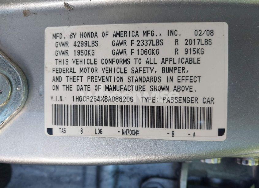 Photo 9 of 2008 Honda Accord 2.4 LX-P (VIN 1HGCP264X8A088206)