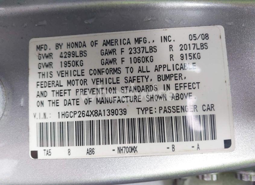 Photo 9 of 2008 Honda Accord 2.4 LX-P (VIN 1HGCP264X8A139039)